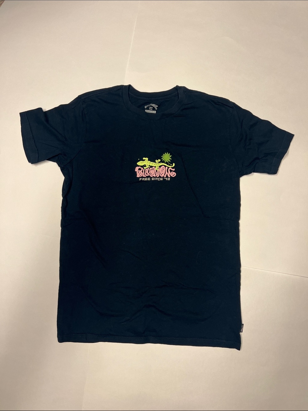 Billabong Black Tee with Neon Green and Pink Palm Graphic